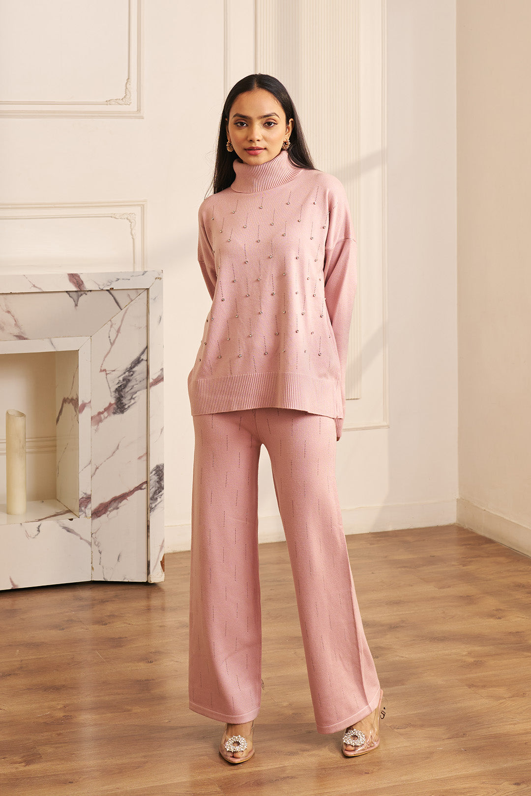 Women Soft Pink Knit Embellished  Co-ord Set Janet