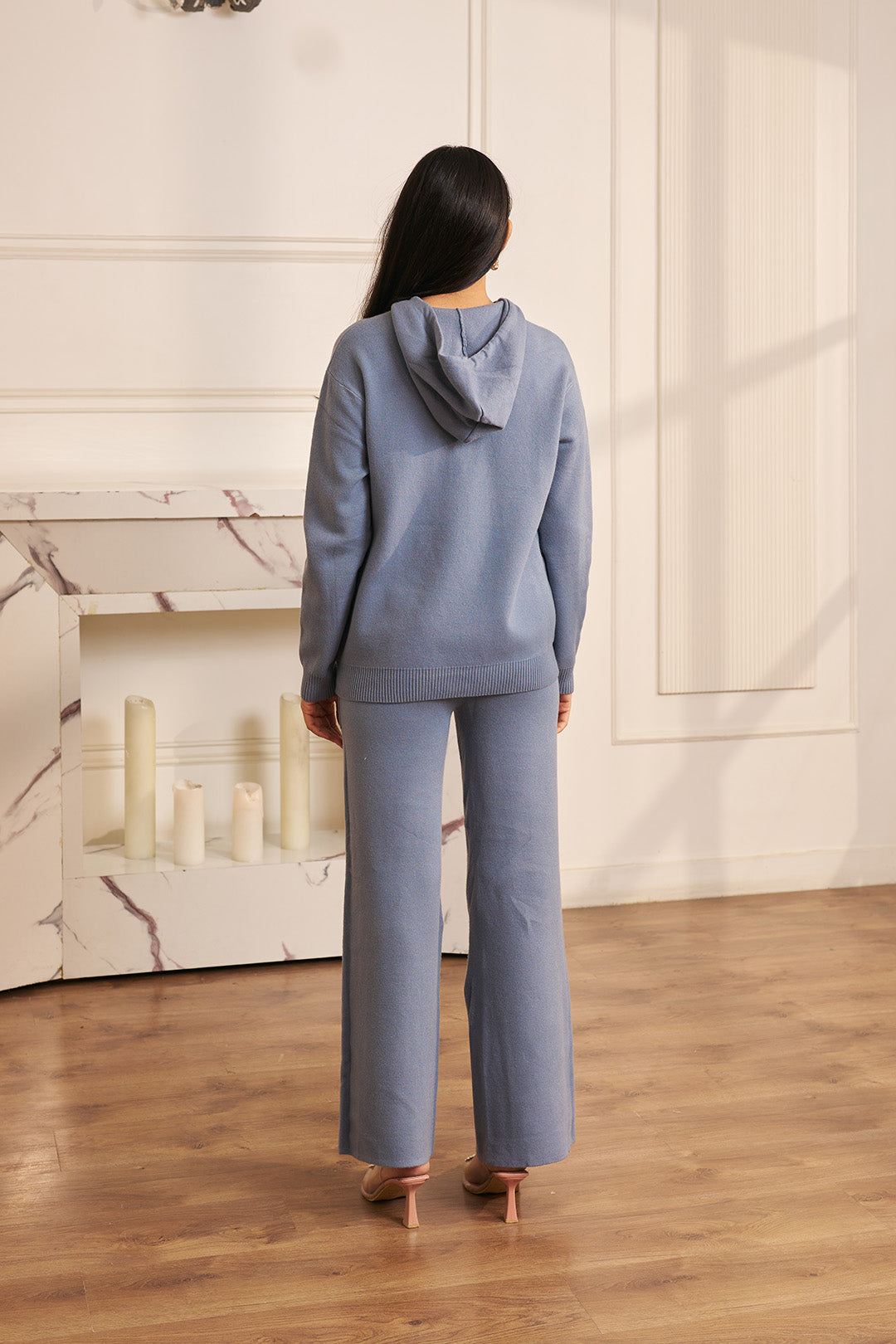 Women Lilac Knitted Hoodie Co-ord Set  with Embellished Drawstring Mayson Blue