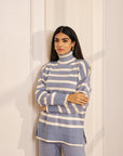 Women Blue and White Striped Turtle Neck Knit Co-ord Set Kourtney