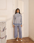 Women Blue and White Striped Turtle Neck Knit Co-ord Set Kourtney