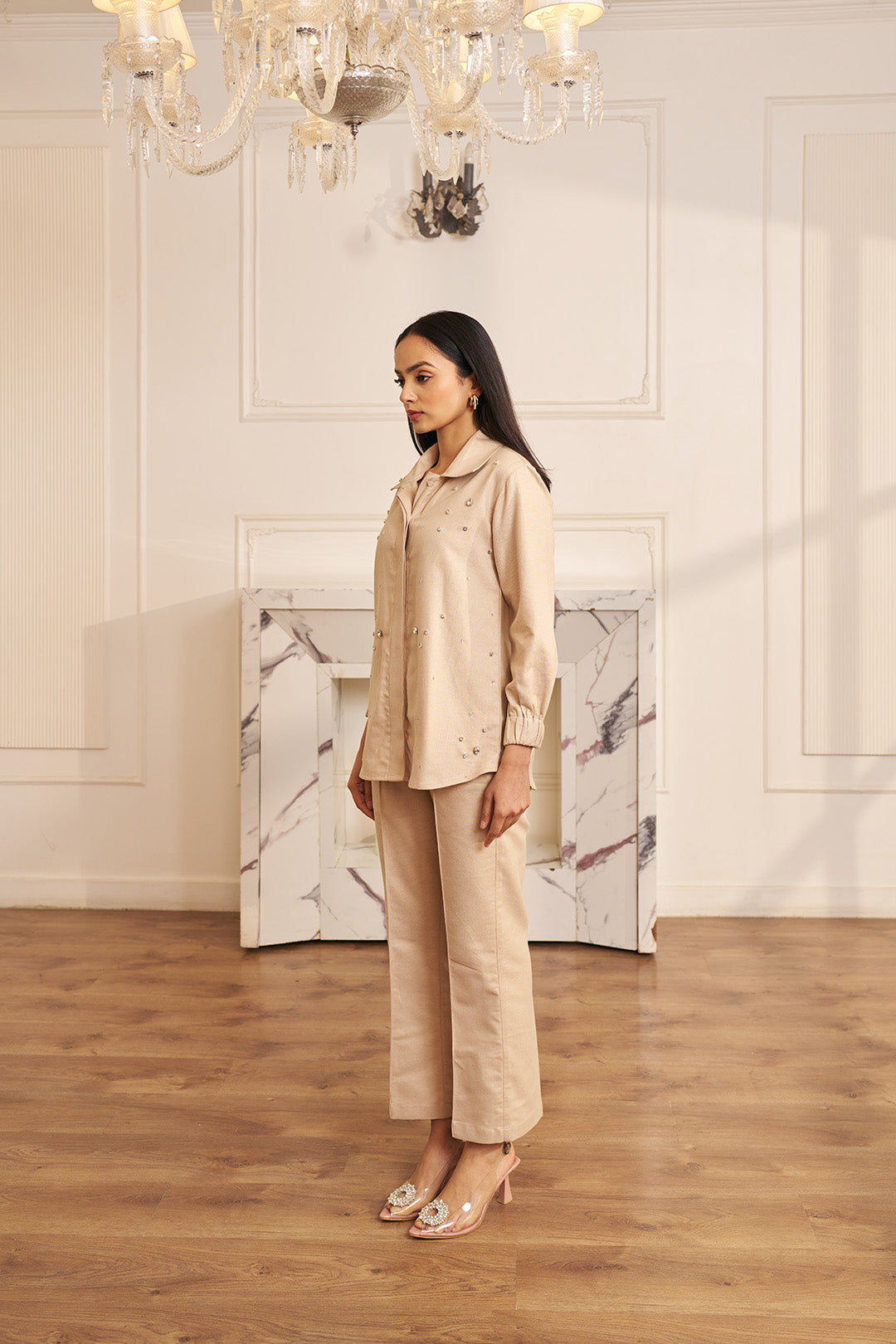 Women Embellished Beige Twill Co-ord Set Shania