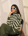 Women Blue and White Striped Turtle Neck Knit Co-ord Set Kourtney Olive