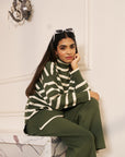 Women Blue and White Striped Turtle Neck Knit Co-ord Set Kourtney Olive