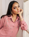 Women Light Pink Imported Viscose Co-ord Set with Handwork & Embellishments (Cherry Blossom Co-ord Set)