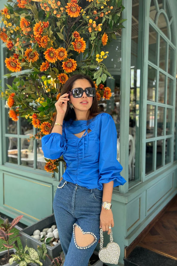 SHARNAMLI ADHAR IN EMILY TOP (BLUE)